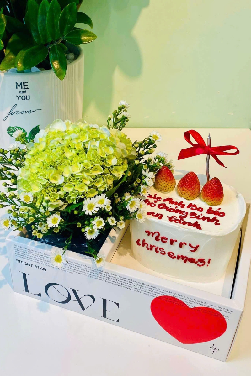 Sét bánh kem tươi và hoa cẩm tú cầu