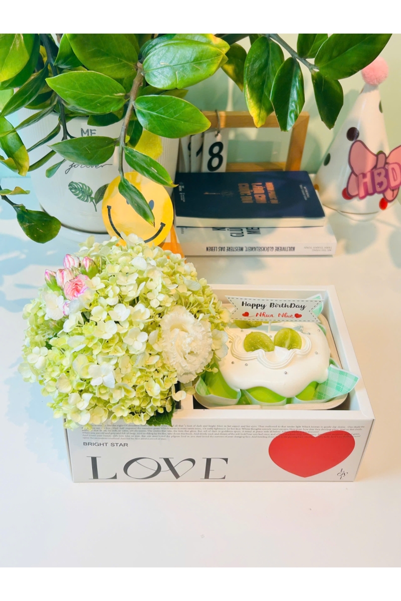 Sét bánh kem tươi và hoa cẩm tú cầu