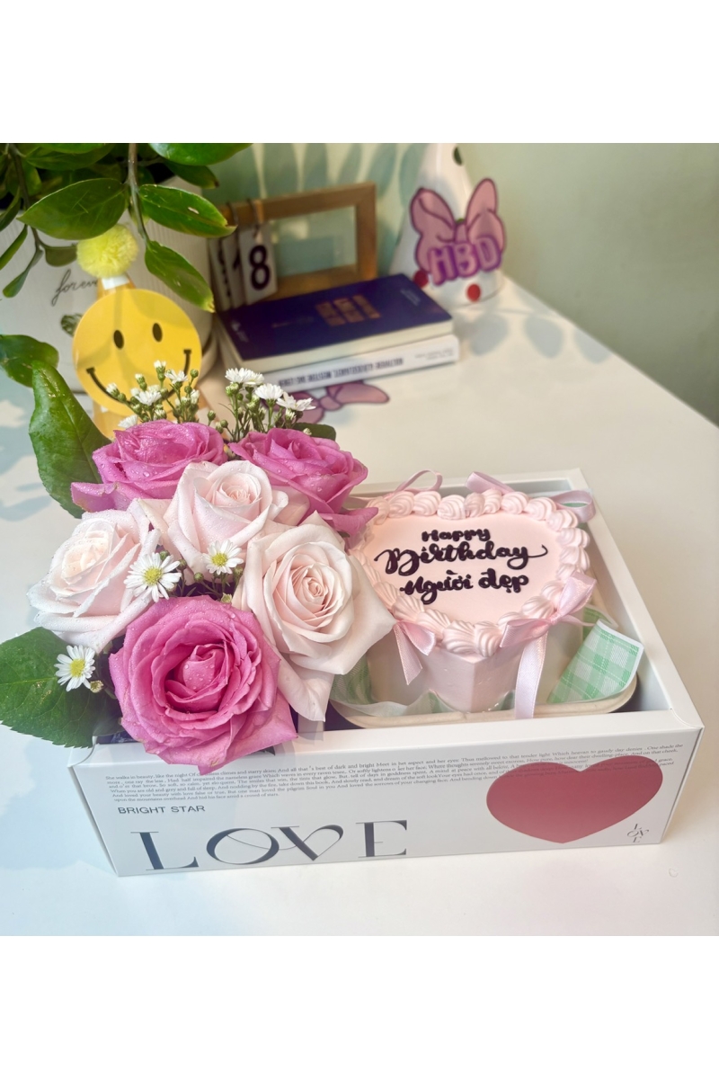 Sét bánh kem và hoa hồng mix màu 