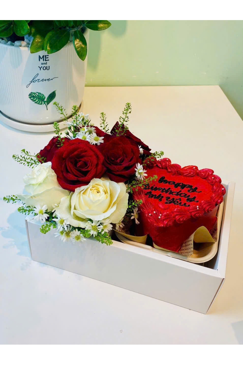 Sét bánh kem và hoa hồng mix màu 